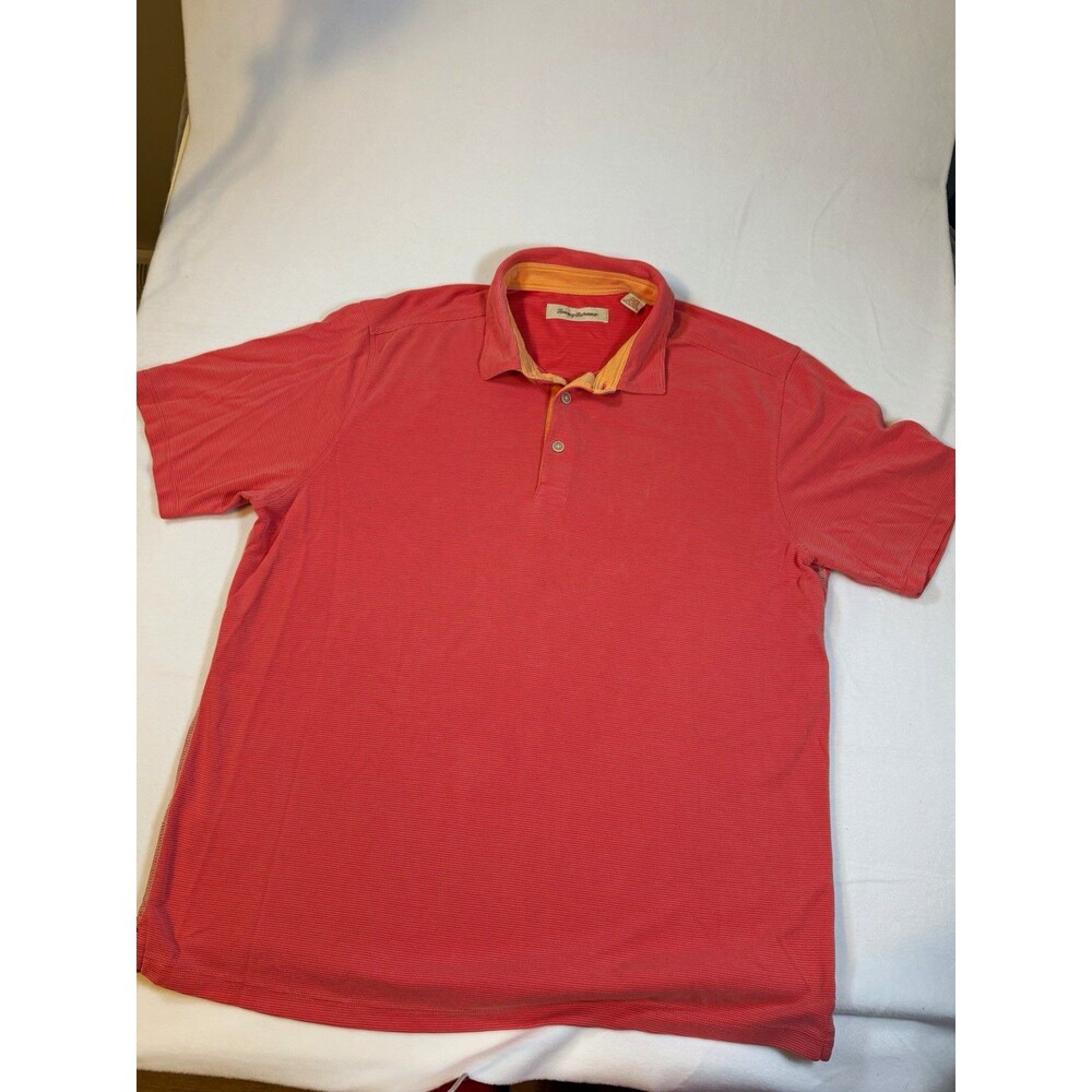 Tommy Bahama Polo Men's XL Pink Orange Striped Short Sleeve Collared Knit